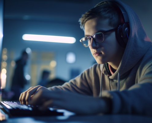 Young adult programmer typing away on computer generated by AI